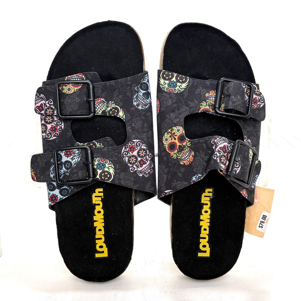 LoudMouth Size 10M Mens Baylor Skull Sandals Slip On Slides Black NWT